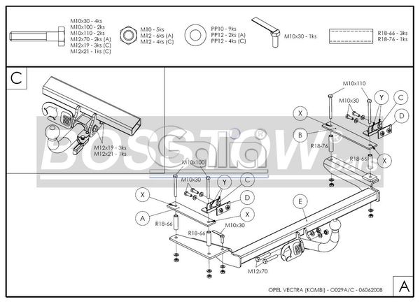 Anhängerkupplung für Opel-Vectra B, Kombi, Baureihe 1998-2003 starr