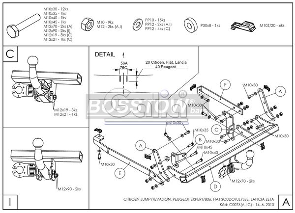 Anhängerkupplung für Peugeot-Expert Kasten/ Bus/ Kombi, Baureihe 1996-2007 starr