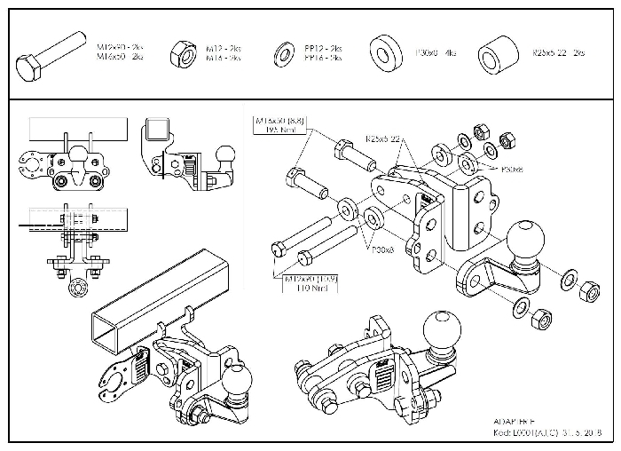 Kugelstange C0437 I/C (für Peugeot Partner/Citroen Berlingo) BOSStow Adaptersatz auf Flanschkugel höhenverstellbar