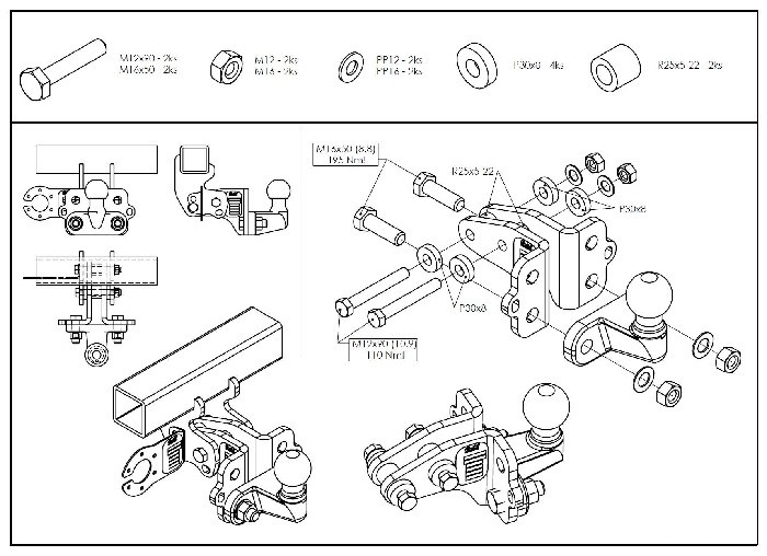 Kugelstange M1186I/C (für Mercedes Sprinter/VW Crafter) BOSStow Adaptersatz auf Flanschkugel höhenverstellbar
