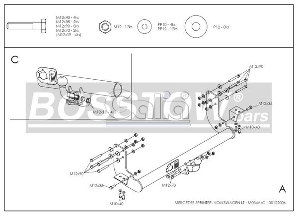 Anhängerkupplung für VW-LT 40-46, Kasten/ Bus, Heckantr. , Radstd. 4,025 m, doppelbereift, ohne Tritt, Baureihe 1995-2006 abnehmbar